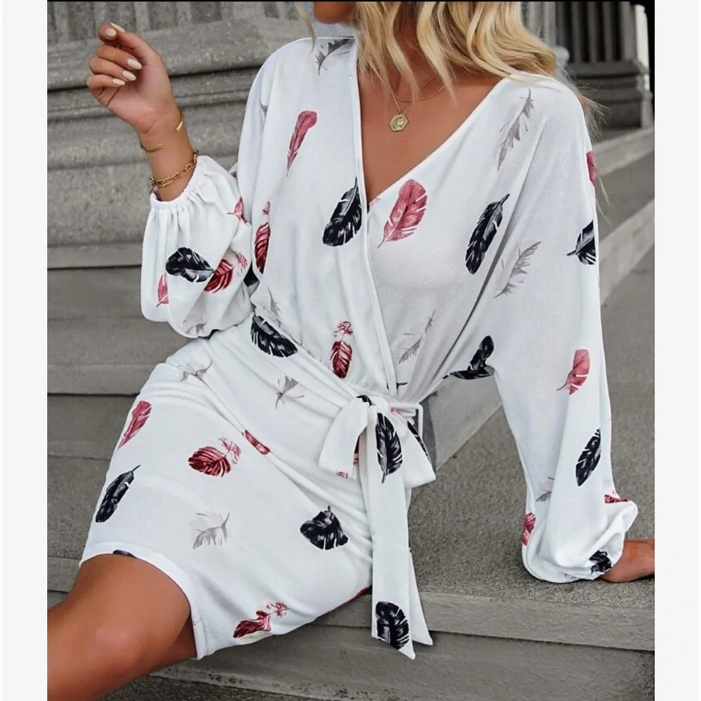 Elegant Feather Print Surplice Neck Long Sleeve Belted Dress - Picture 1 of 5